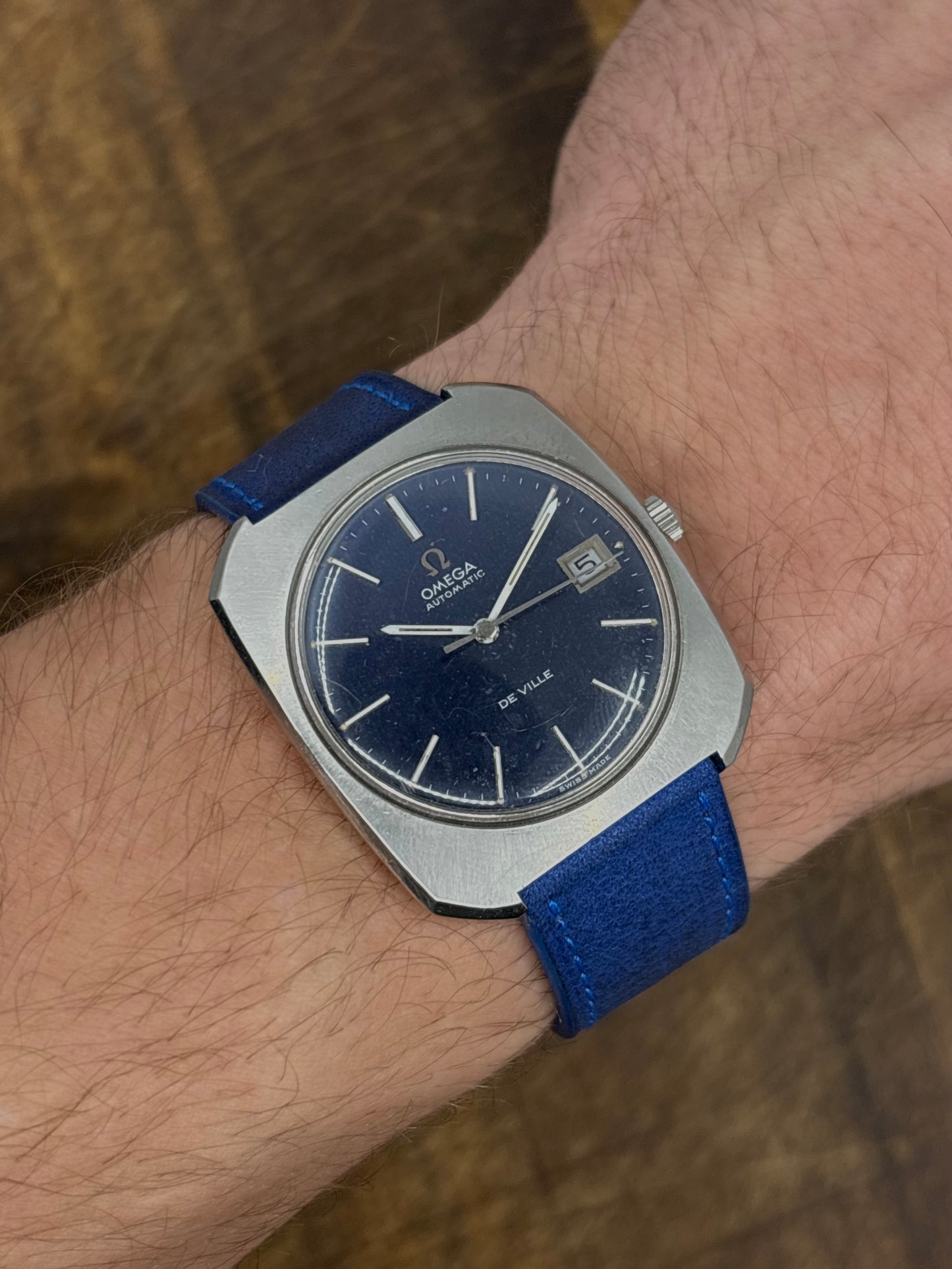 Omega De Ville Automatic Watch – Blue Dial, Date, 1970s, Stainless Steel, Rare