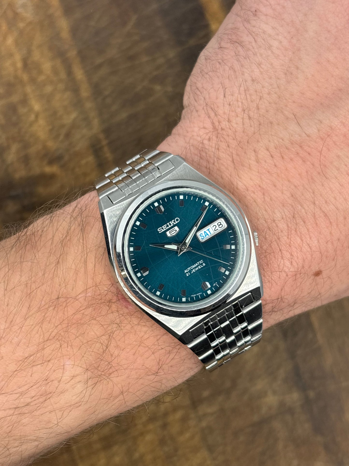Seiko 5 Green Dial DayDate Open Caseback Stainless Steel Watch
