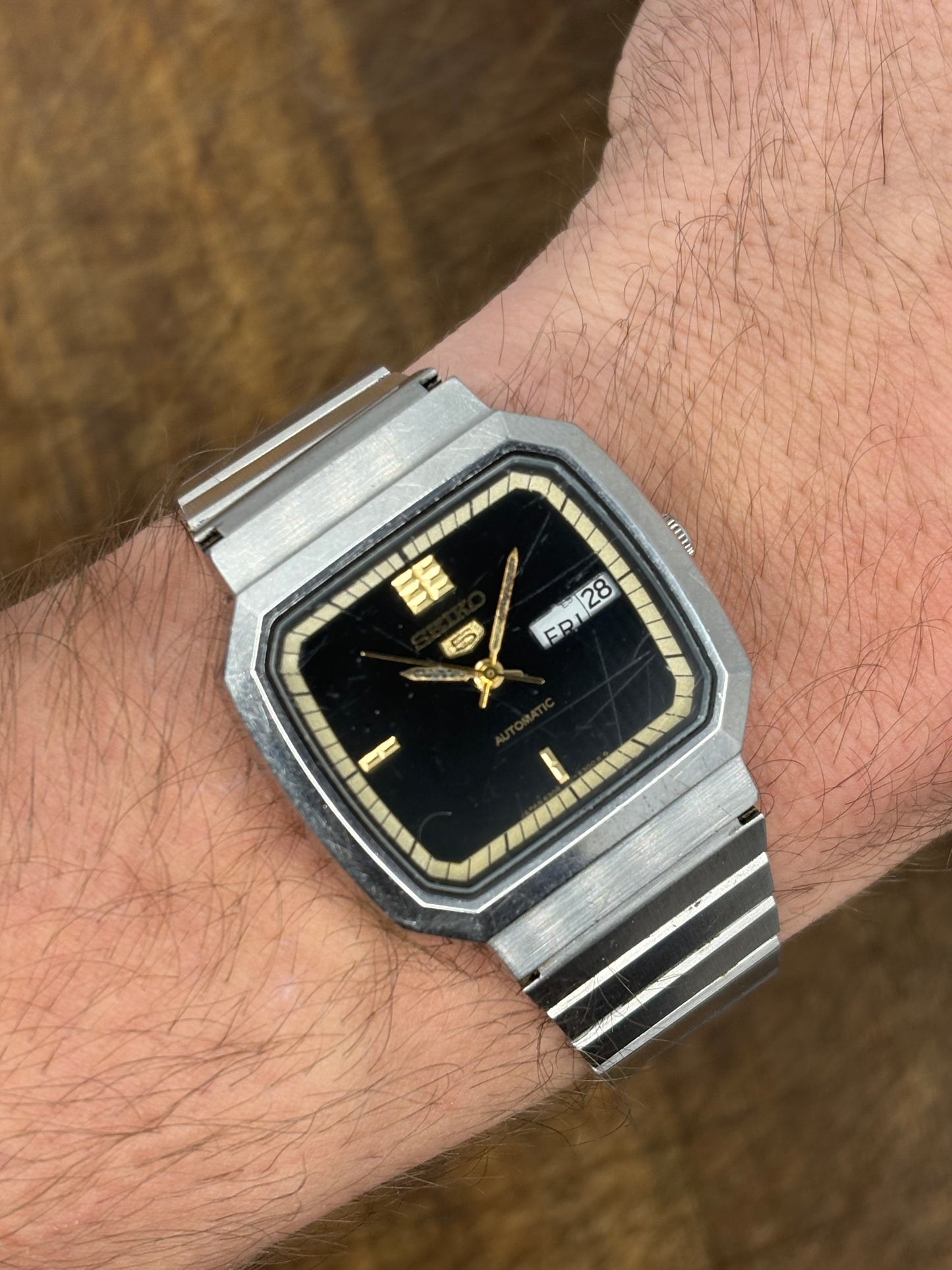 Seiko 5 Vintage Rectangular Automatic Watch Black Dial Retro Stainless Steel Japan