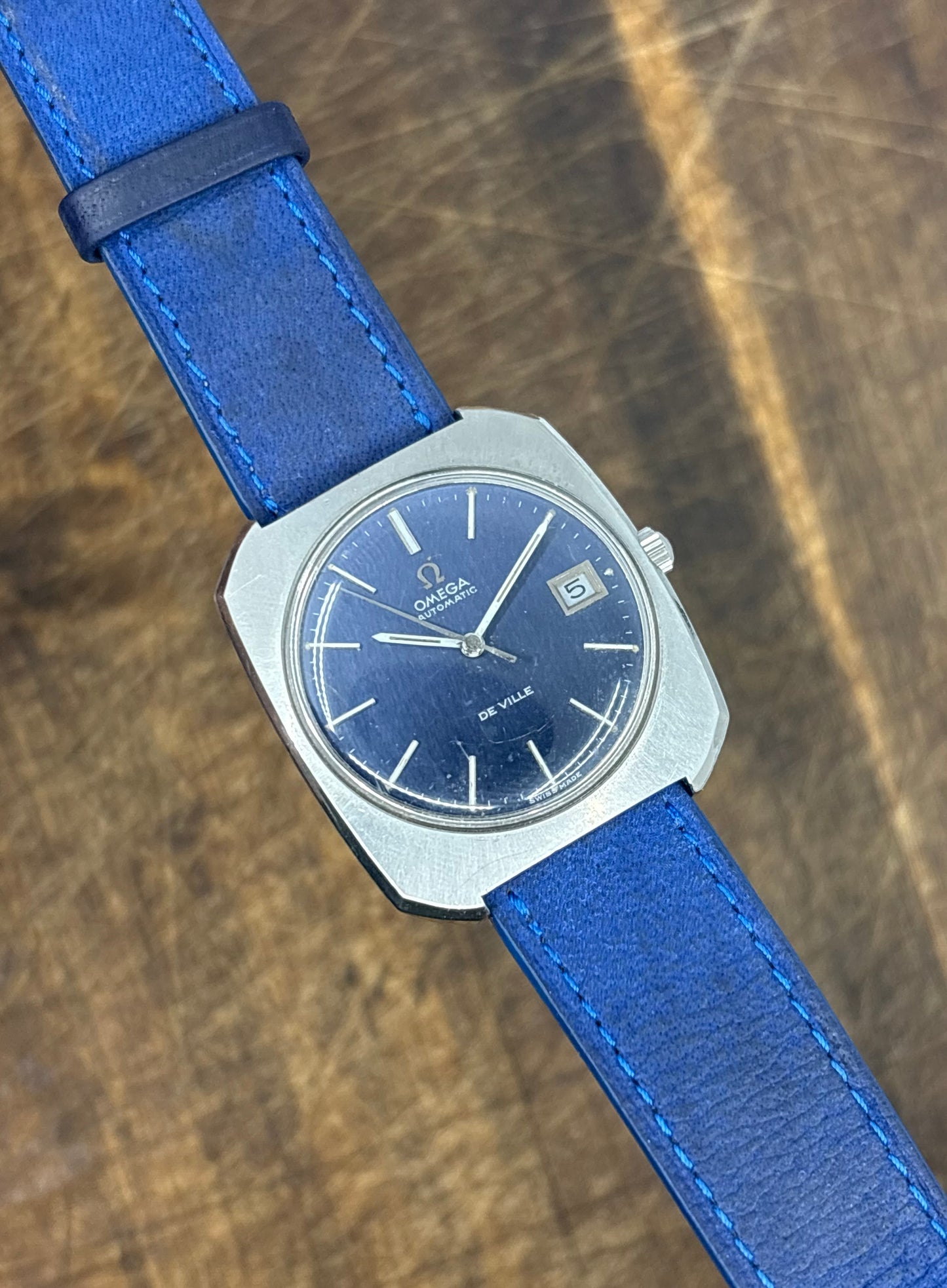 Omega De Ville Automatic Watch – Blue Dial, Date, 1970s, Stainless Steel, Rare