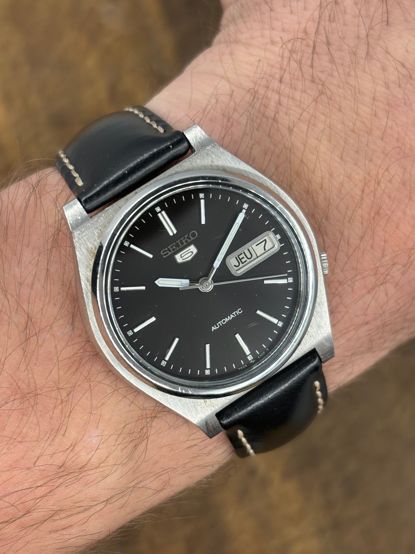 Seiko 5 Automatic Watch Vintage Black Dial Day Date Men’s Stainless Steel Case