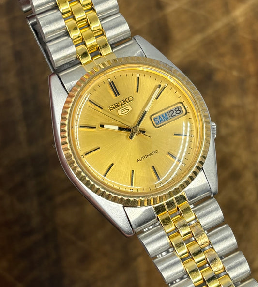 Seiko 5 SNXJ92 Men Watch Automatic Two-Tone Gold Dial Stainless-Steel Wristwatch