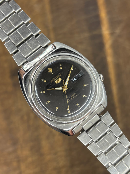 Seiko 5 Automatic | Black Dial | Cushion Case | Gold Accents | 70s Vintage