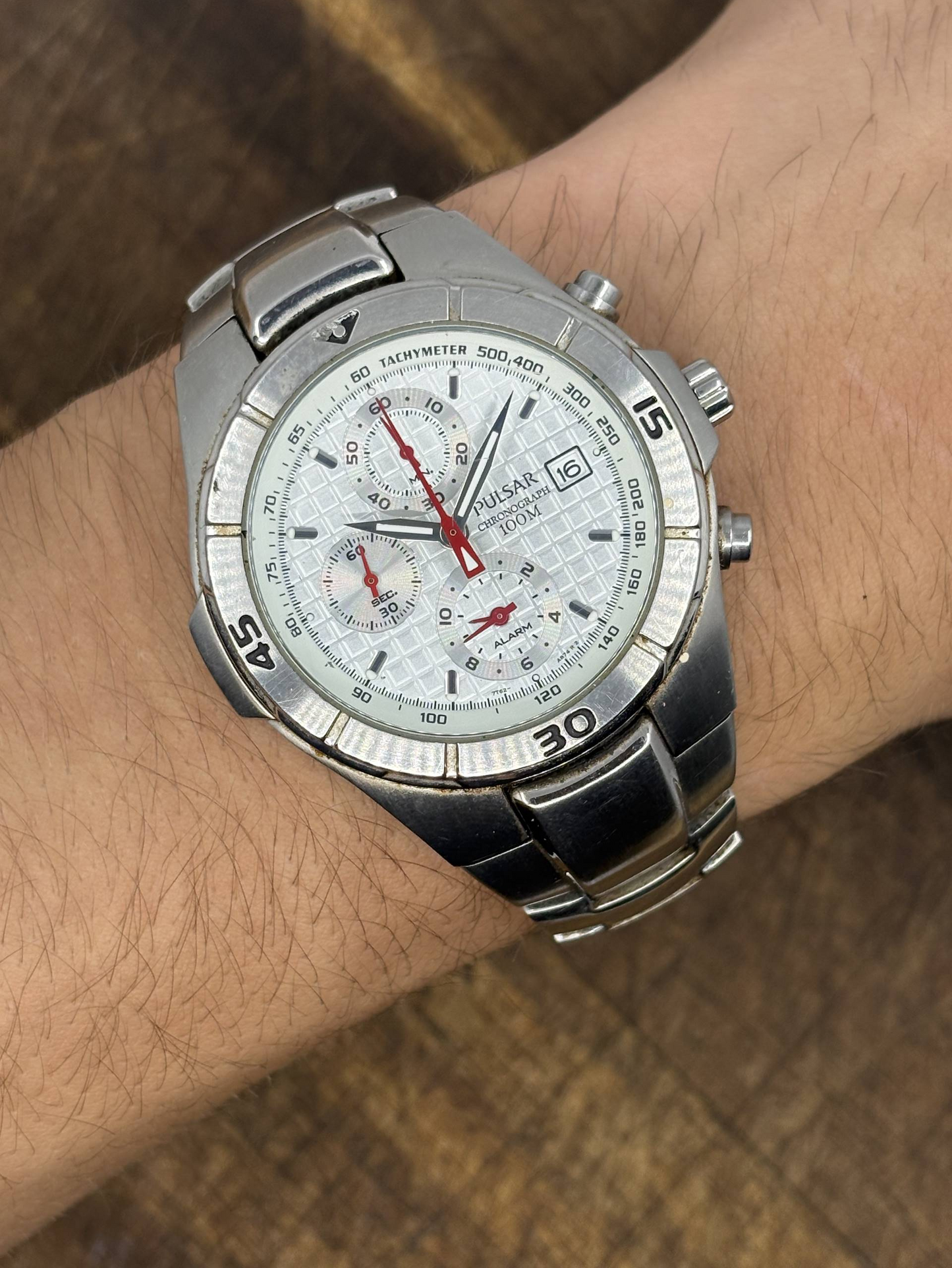 Vintage Pulsar Chronograph Alarm 100M Quartz Watch | White Textured Dial | Stainless Steel