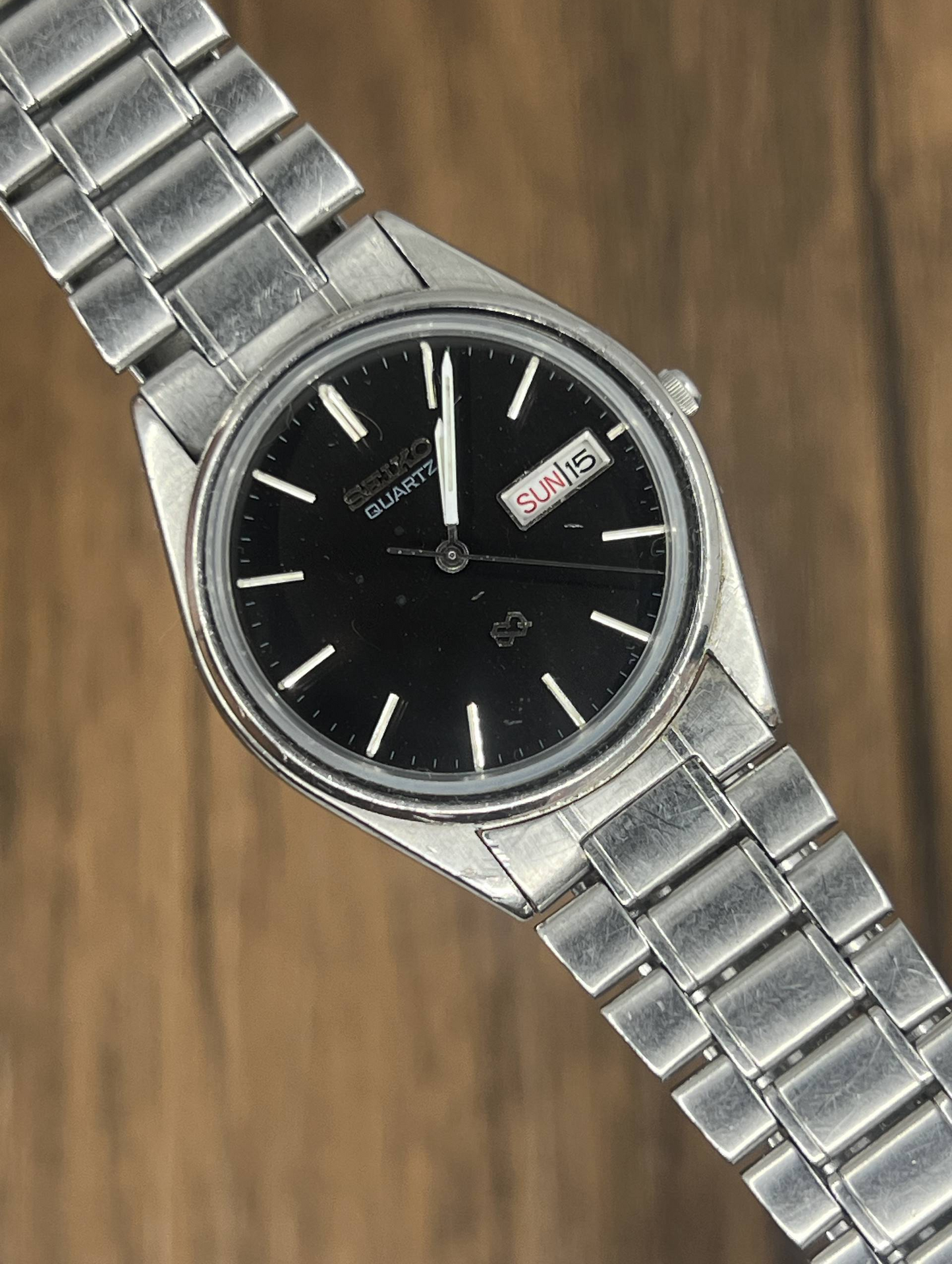 Vintage Seiko Quartz SQ Day Date Watch | Black Dial Stainless Steel Bracelet