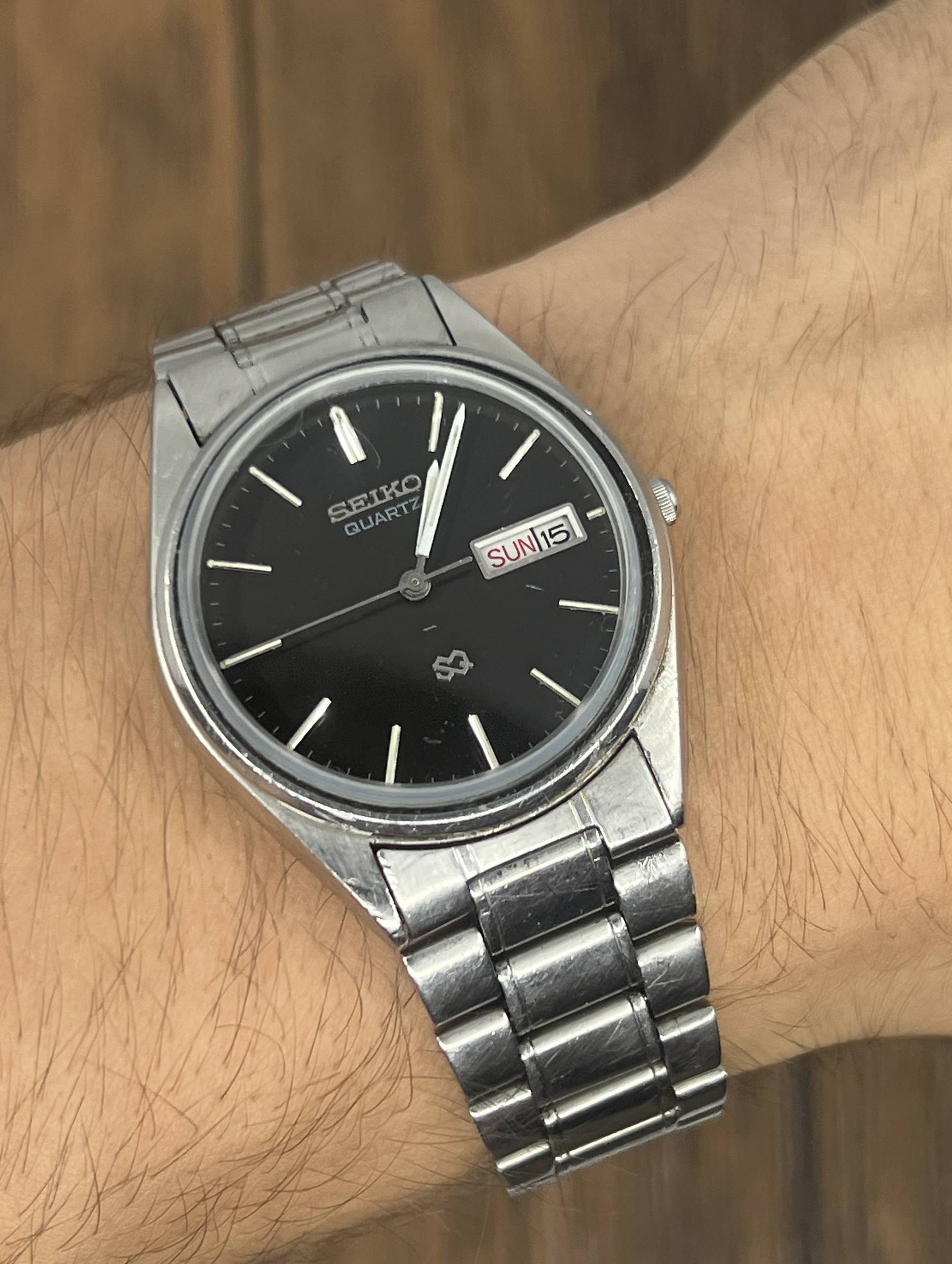 Vintage Seiko Quartz SQ Day Date Watch | Black Dial Stainless Steel Bracelet