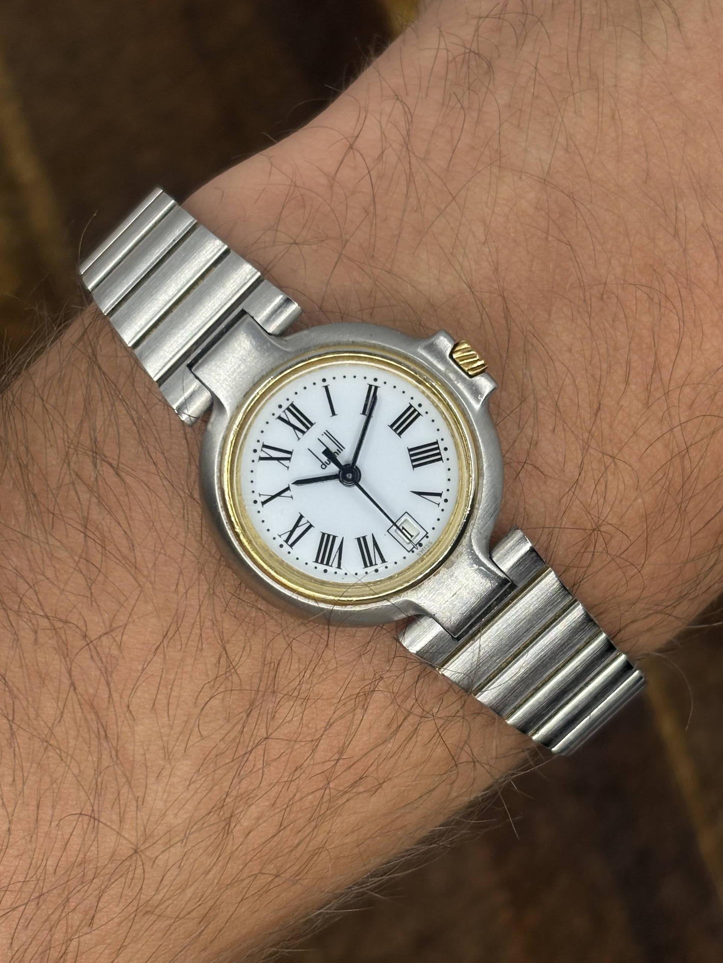 Vintage Dunhill Two-Tone Quartz Watch | Roman Numeral Dial Date Bracelet