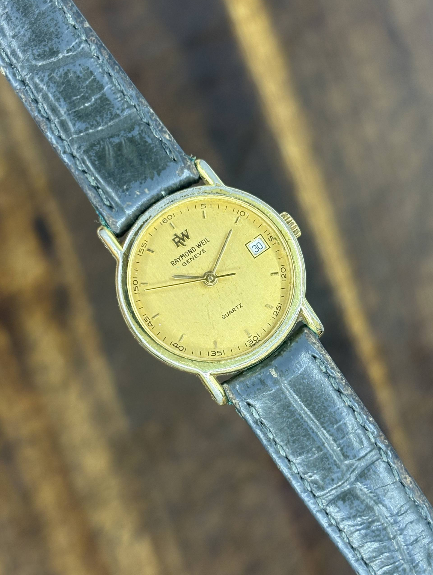 Vintage Raymond Weil Genève Quartz Watch | Gold Dial Date Black Leather Strap