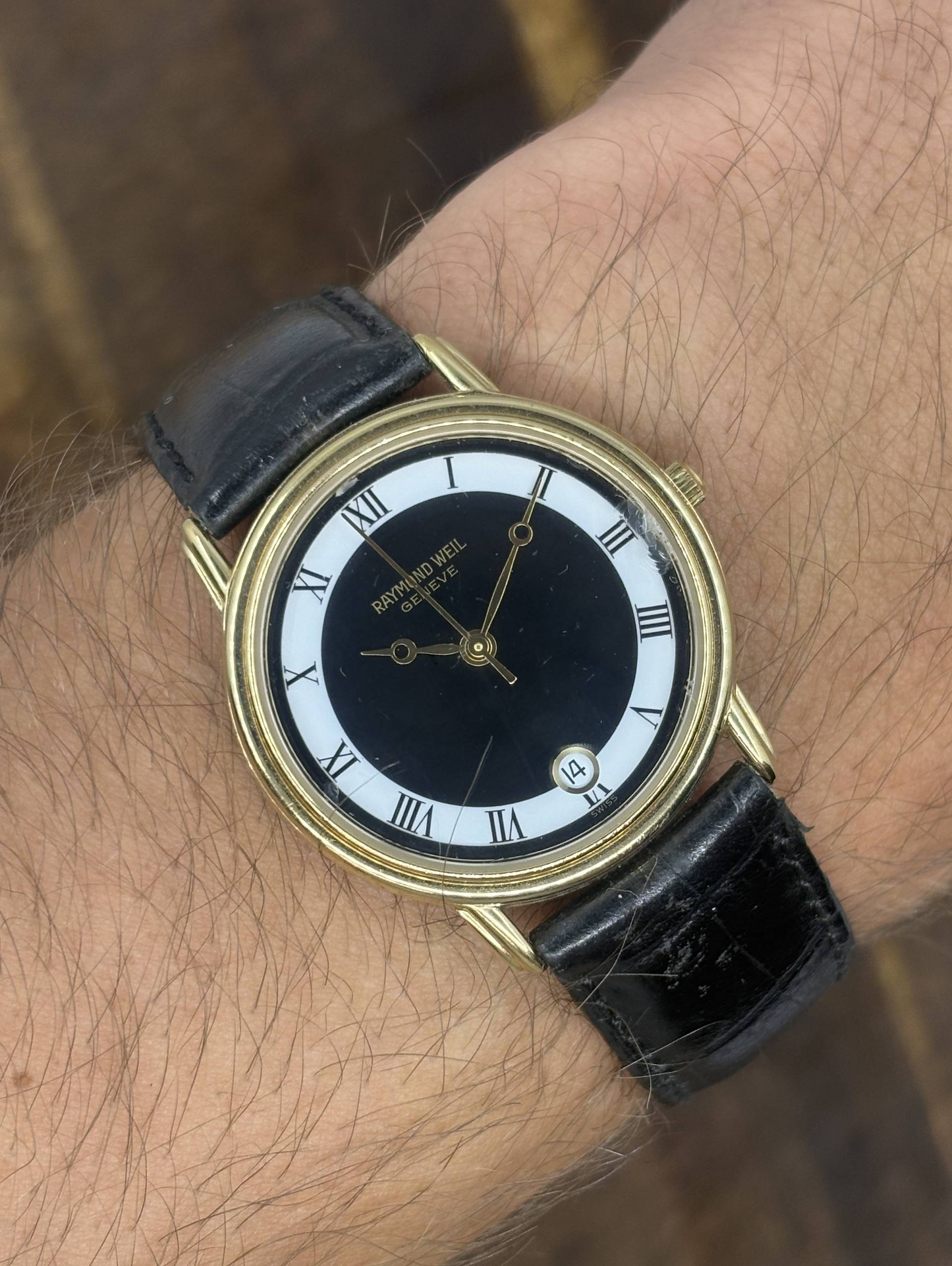 Vintage Raymond Weil Genève Watch | Black & White Roman Numeral Dial Gold Tone