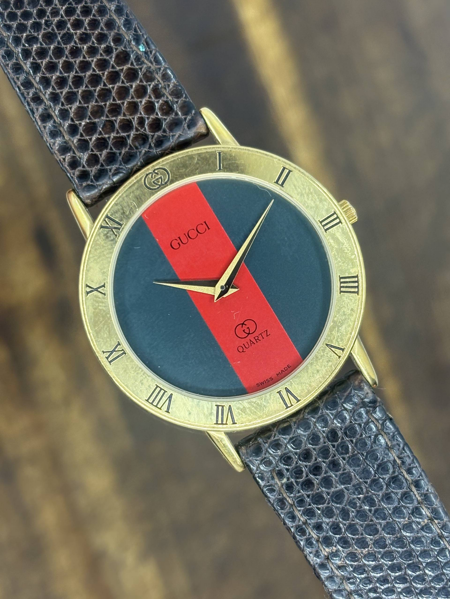Vintage Gucci Web Stripe Quartz Watch | Red & Blue Dial Gold Tone Swiss Made