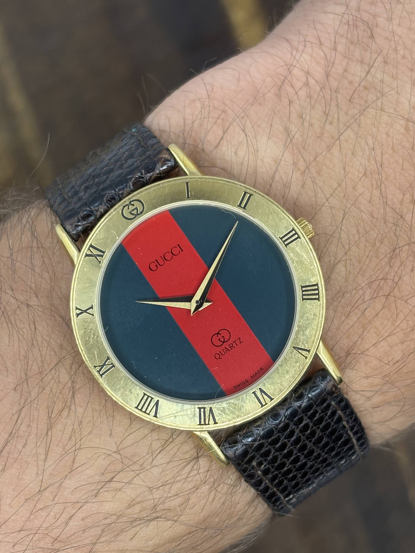 Vintage Gucci Web Stripe Quartz Watch | Red & Blue Dial Gold Tone Swiss Made