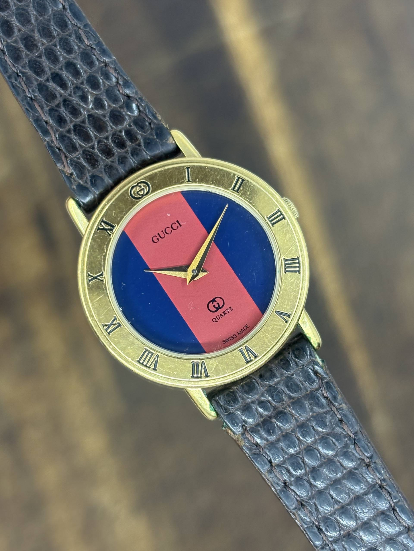 Vintage Gucci Web Stripe Quartz Watch | Red & Blue Dial Gold Tone Swiss Made