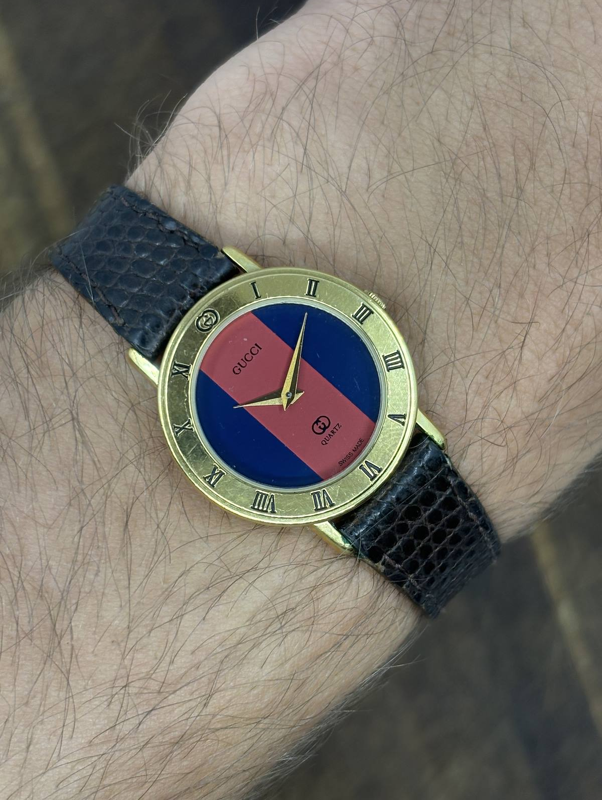 Vintage Gucci Web Stripe Quartz Watch | Red & Blue Dial Gold Tone Swiss Made