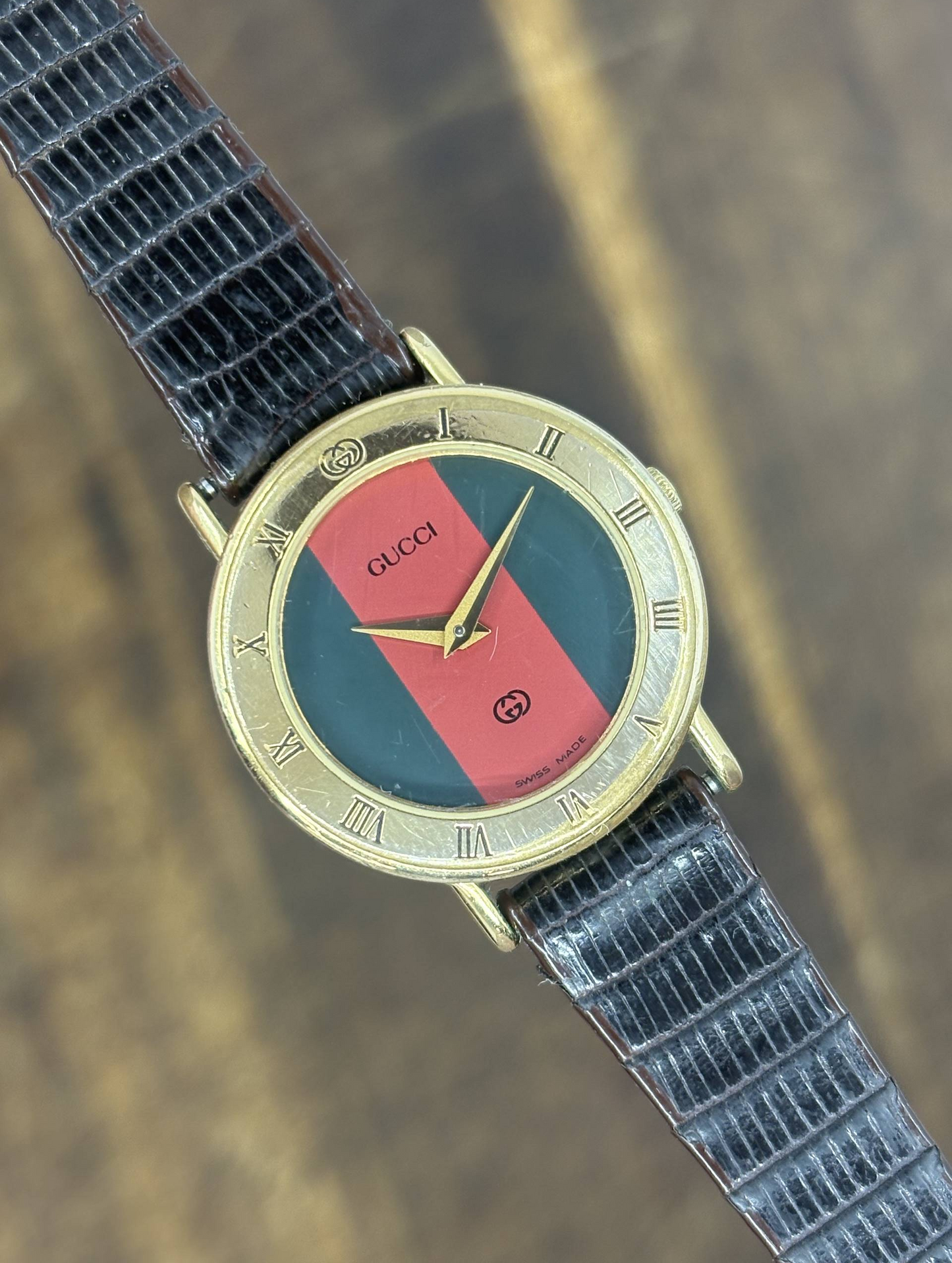 Vintage Gucci Web Stripe Watch | Red & Green Dial Gold Tone Swiss Made