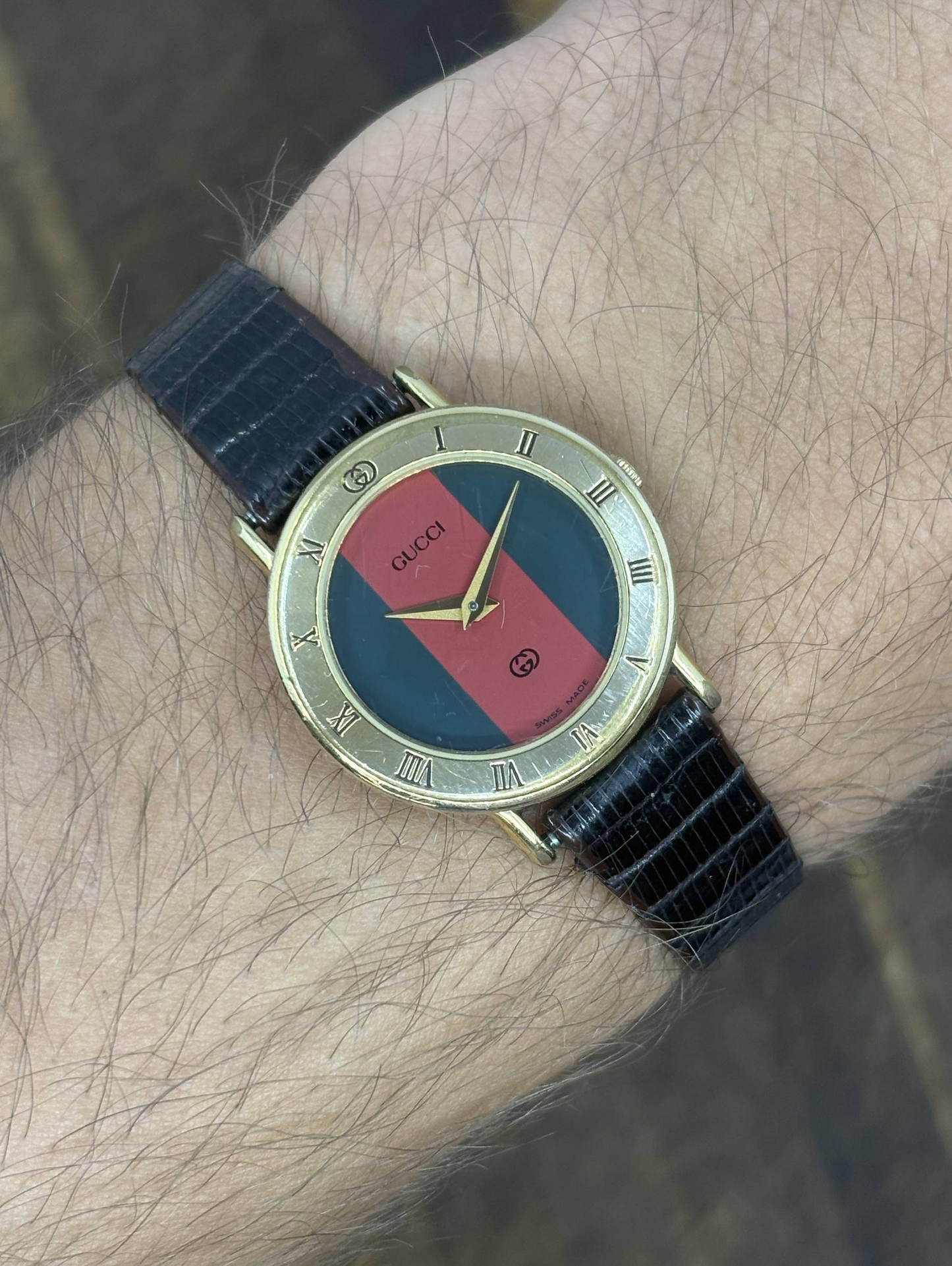 Vintage Gucci Web Stripe Watch | Red & Green Dial Gold Tone Swiss Made