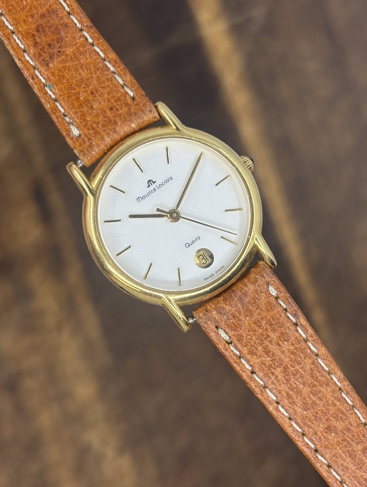 Vintage Maurice Lacroix Gold Tone Quartz Watch | White Dial Date Swiss Made