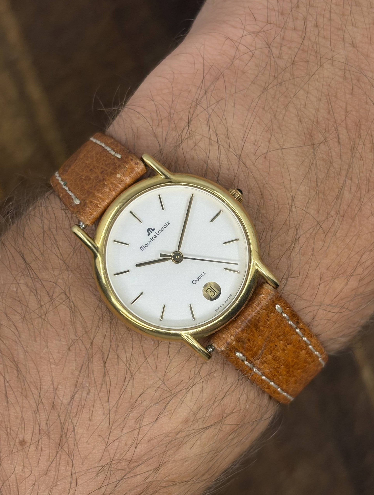 Vintage Maurice Lacroix Gold Tone Quartz Watch | White Dial Date Swiss Made
