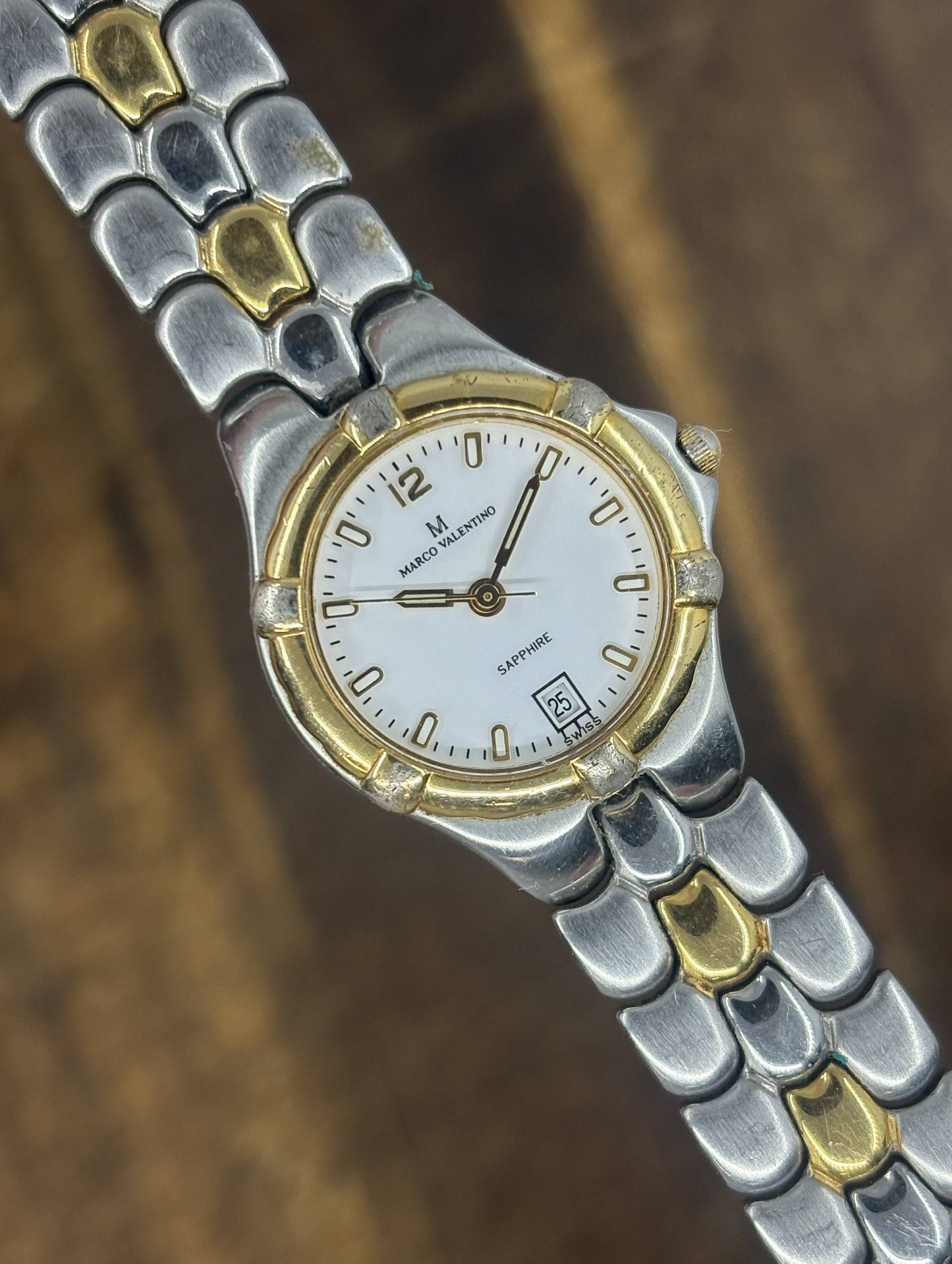 Vintage Marco Valentino Two-Tone Sapphire Watch | White Dial Date Swiss Made