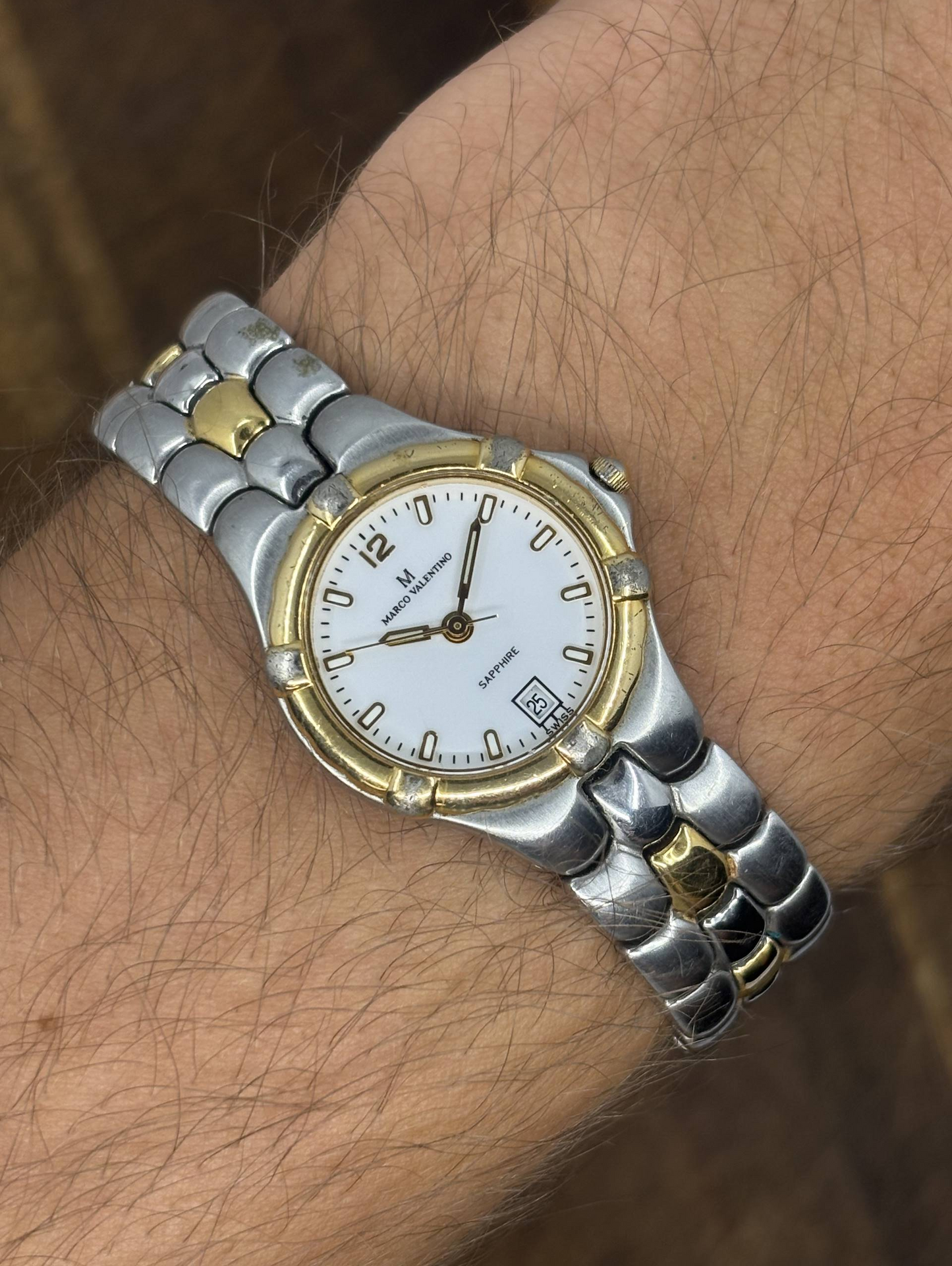 Vintage Marco Valentino Two-Tone Sapphire Watch | White Dial Date Swiss Made