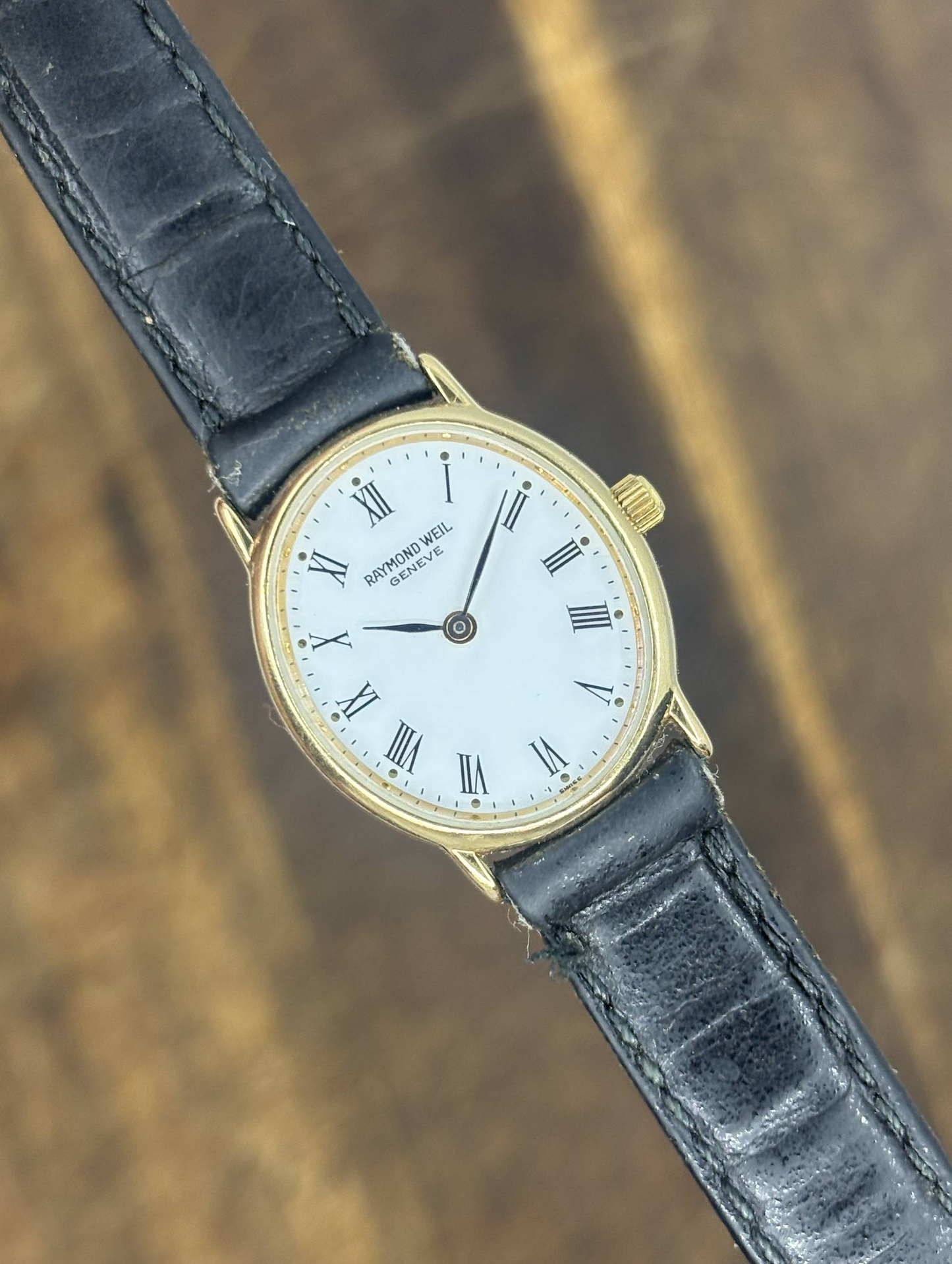 Vintage Raymond Weil Genève Gold Tone Watch | White Roman Numeral Dial Swiss Made