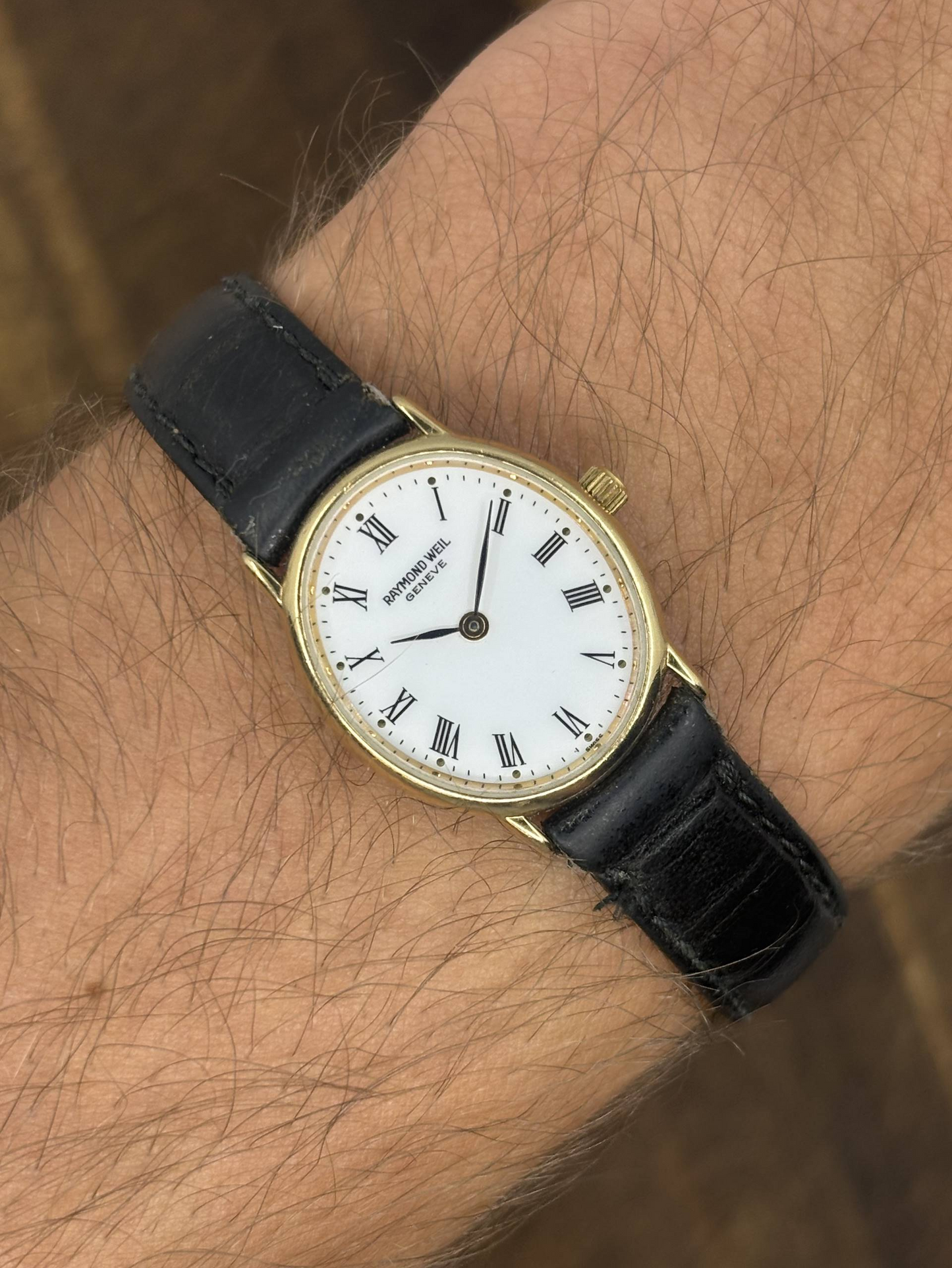 Vintage Raymond Weil Genève Gold Tone Watch | White Roman Numeral Dial Swiss Made