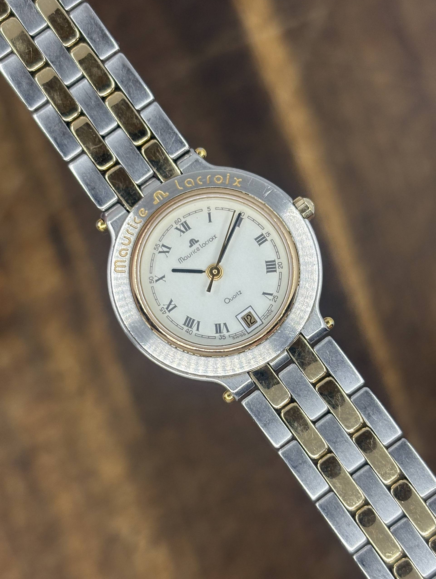 Vintage Maurice Lacroix Two-Tone Quartz Watch | White Roman Numeral Dial Date Swiss Made