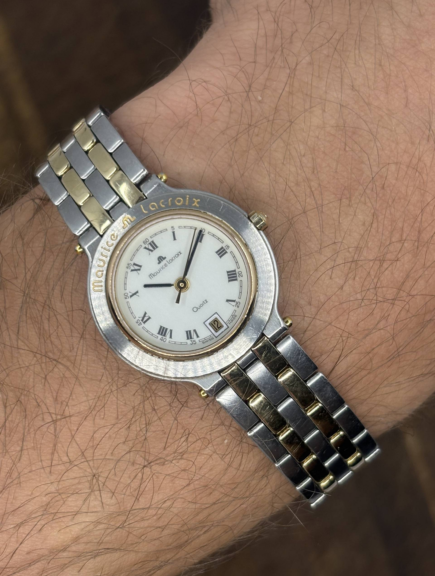 Vintage Maurice Lacroix Two-Tone Quartz Watch | White Roman Numeral Dial Date Swiss Made