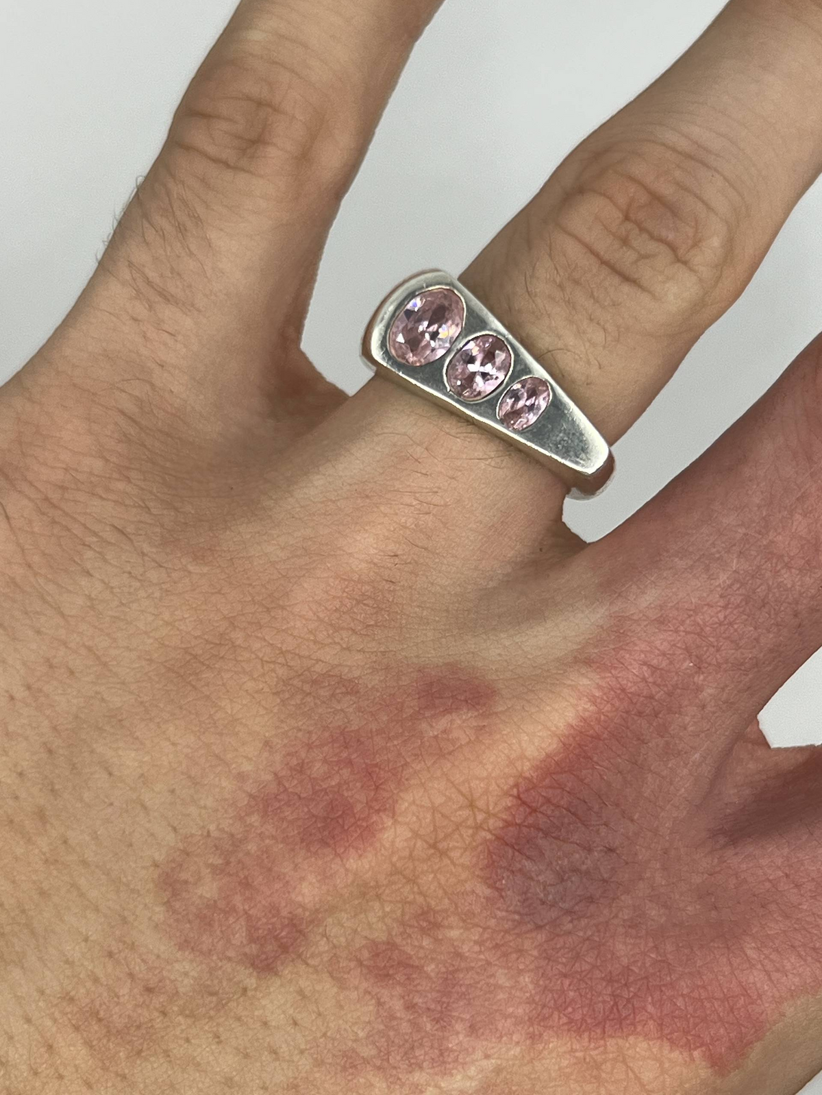 Vintage Style Sterling Silver Three Pink Stone Ring – Chunky Modernist Statement Ring