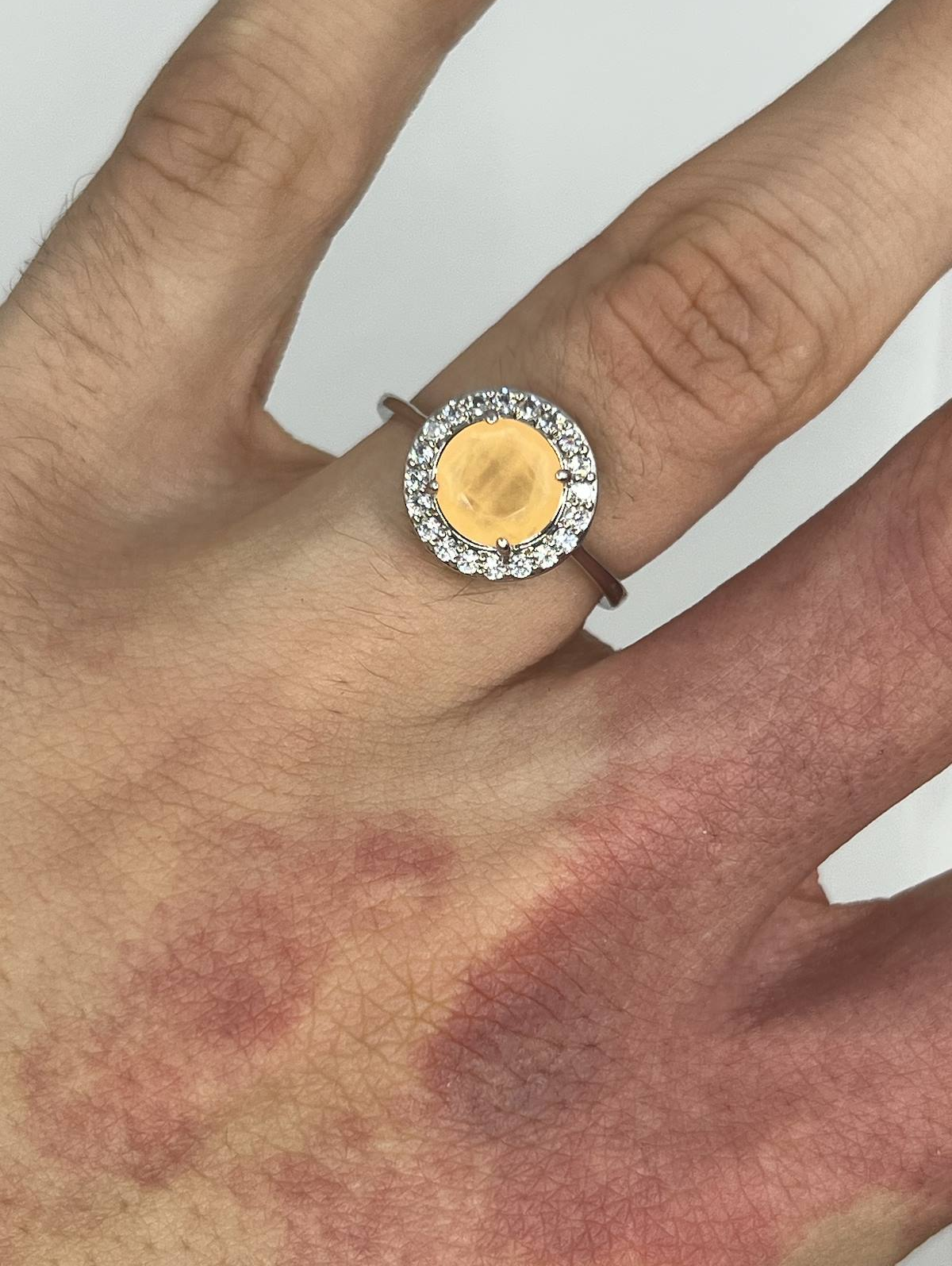 Silver Tone Peach Stone Halo Ring – Crystal Cluster Dress Ring