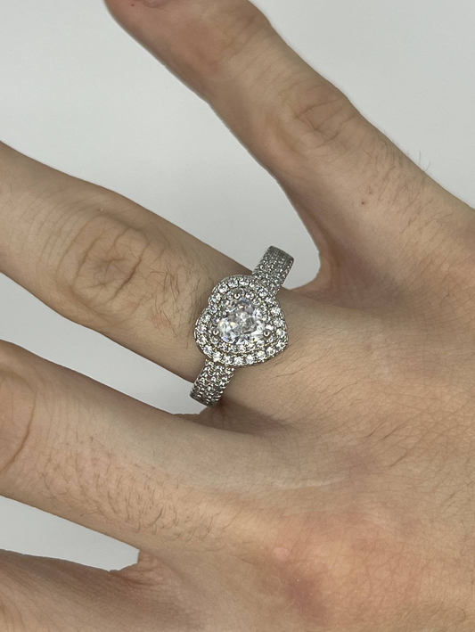 925 Sterling Silver Clear Stone Double Halo Ring – Pavé Shoulder Design