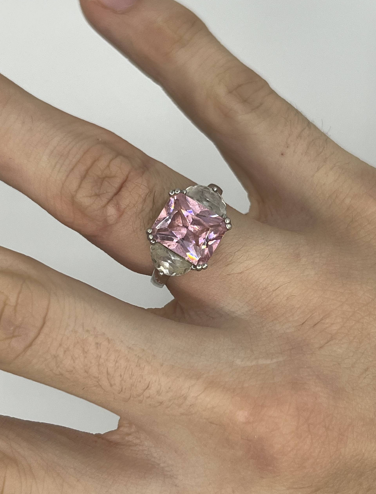 925 Sterling Silver Pink & Clear Three-Stone Ring – Large Statement Design