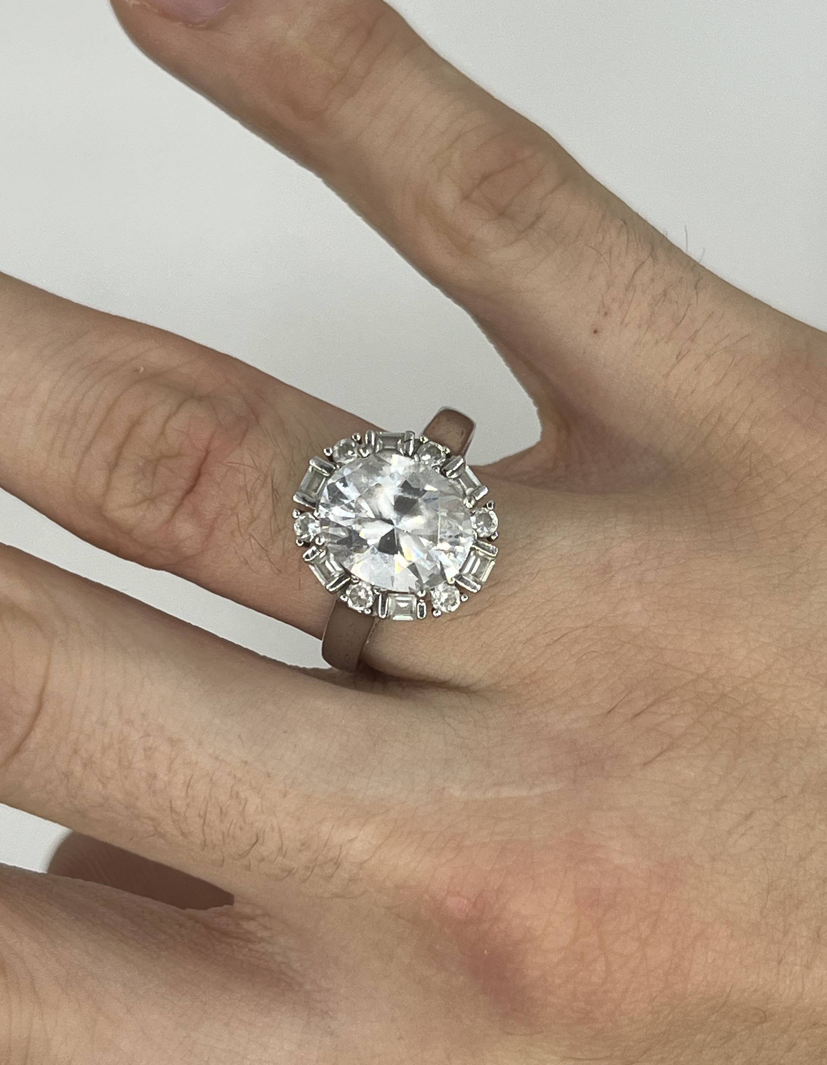 925 Sterling Silver Large Round Clear Stone Cluster Ring – Baguette & Round Halo Design