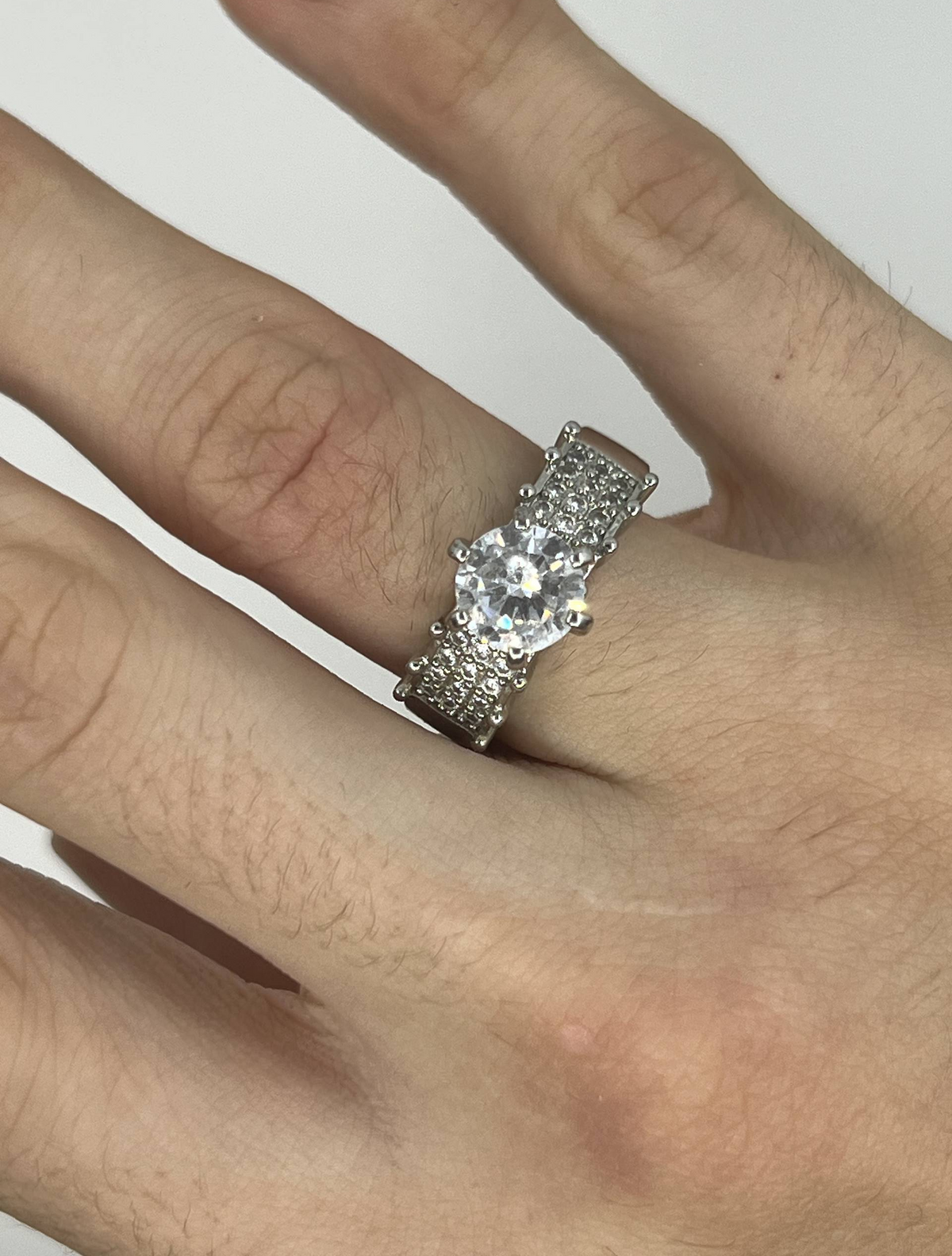 925 Sterling Silver Large Round Clear Stone Ring – Multi-Row Pavé Shoulder Design