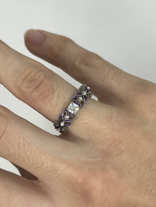 925 Sterling Silver Clear Stone Filigree Ring – Purple Enamel Decorative Band