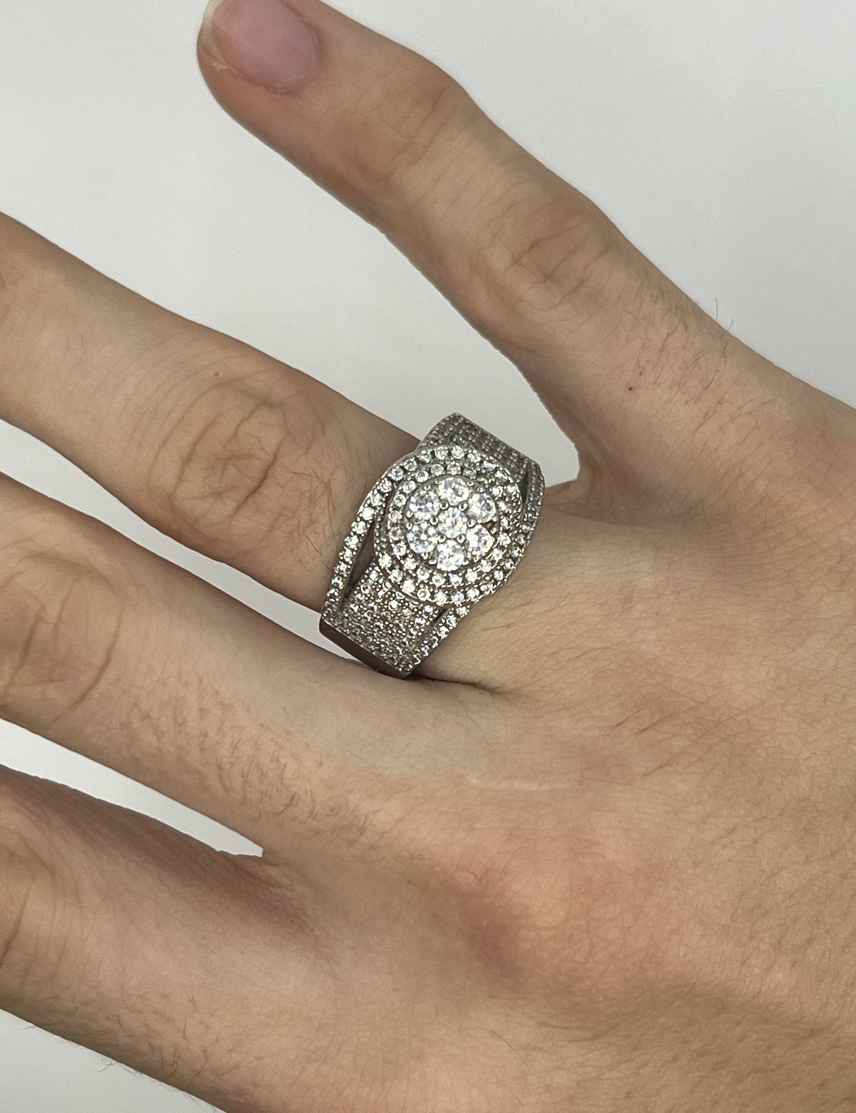 925 Sterling Silver Clear Stone Statement Ring – Multi-Row Halo & Pavé Design