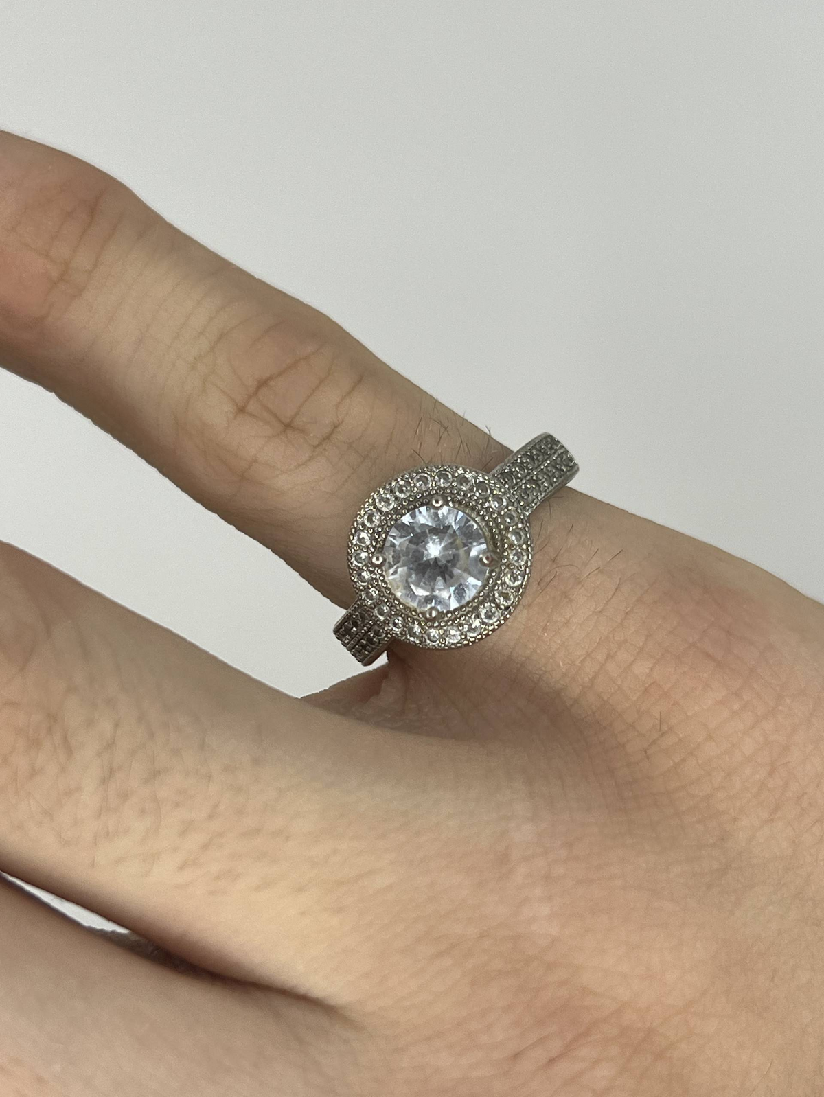 925 Sterling Silver Halo Ring – Large Clear Centre Stone & Pavé Set Band