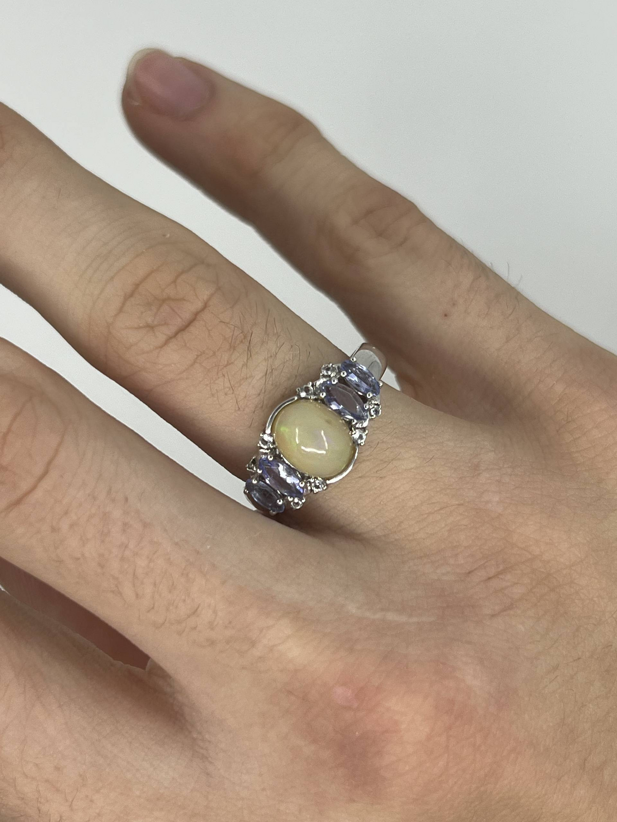 925 Sterling Silver Opal & Purple Stone Cluster Ring