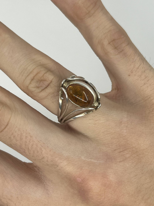 925 Sterling Silver Amber Cabochon Art Nouveau Style Ring
