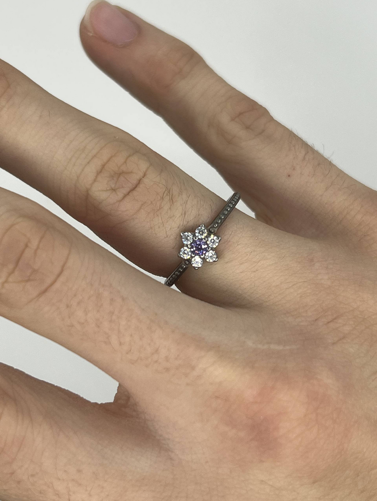 925 Sterling Silver Purple & Clear Stone Flower Cluster Ring