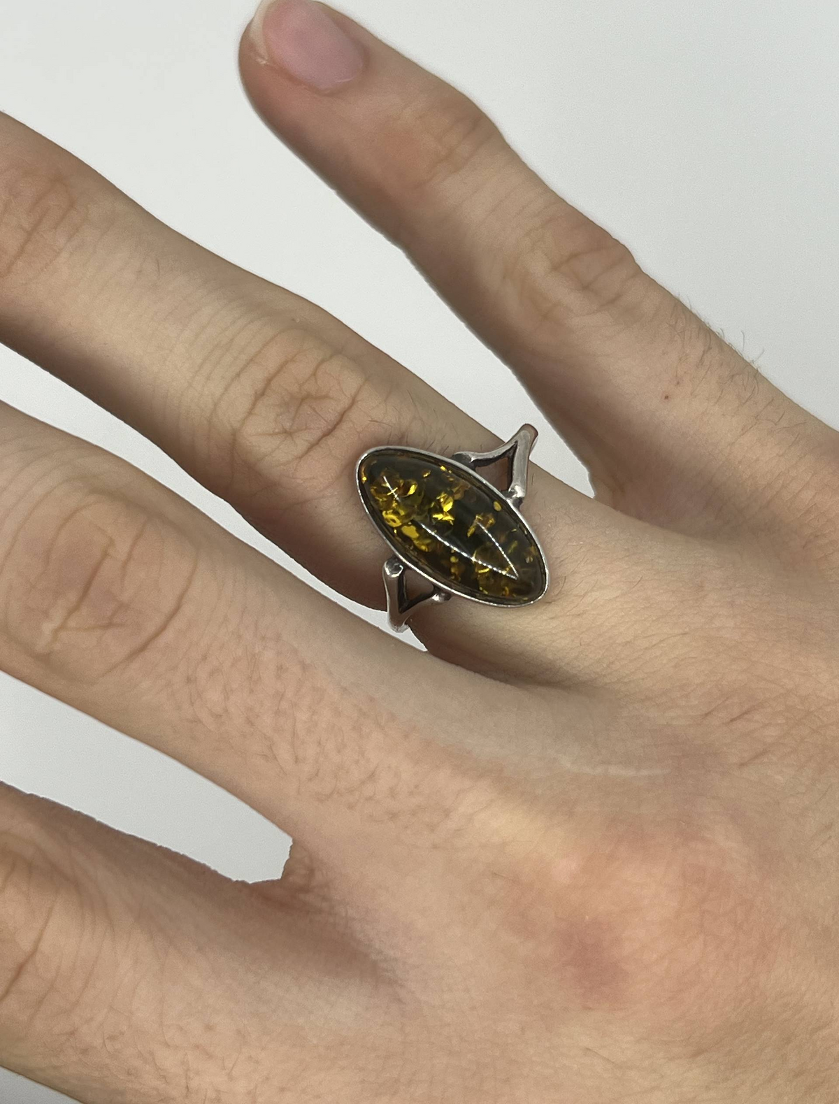925 Sterling Silver Green Amber Marquise Statement Ring