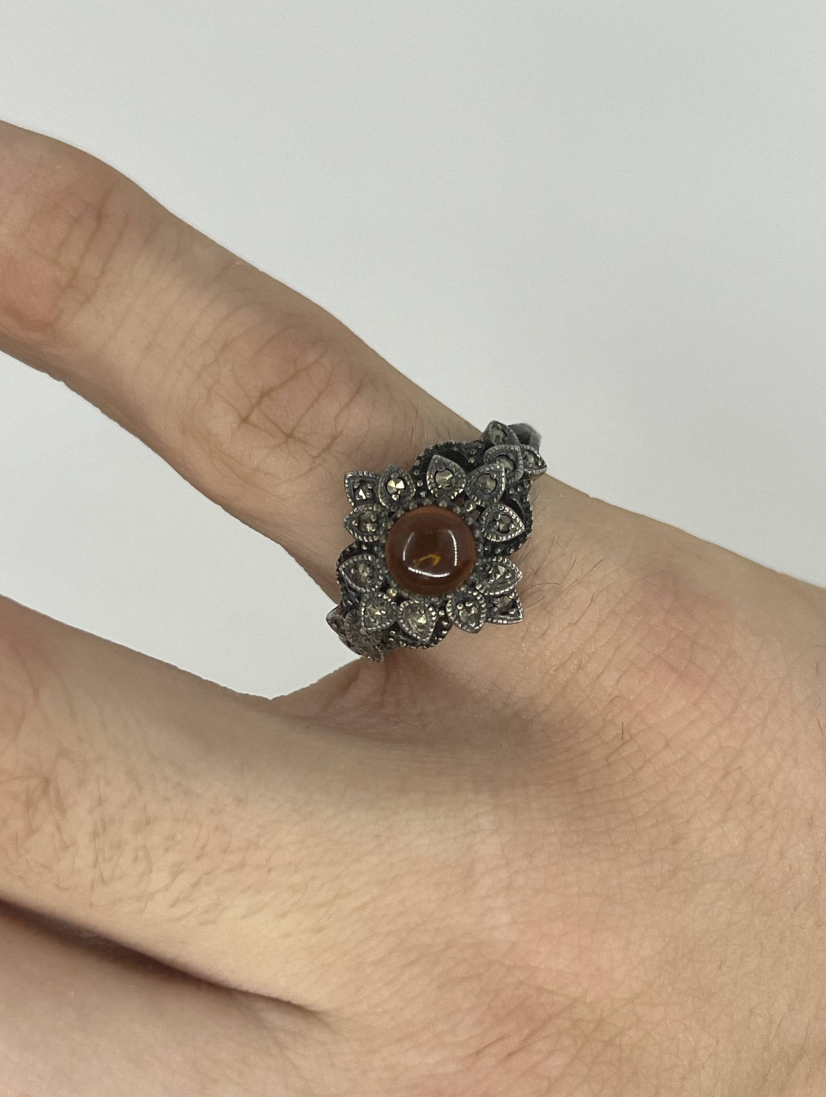 925 Sterling Silver Amber Style Cabochon & Marcasite Floral Ring – Size Q