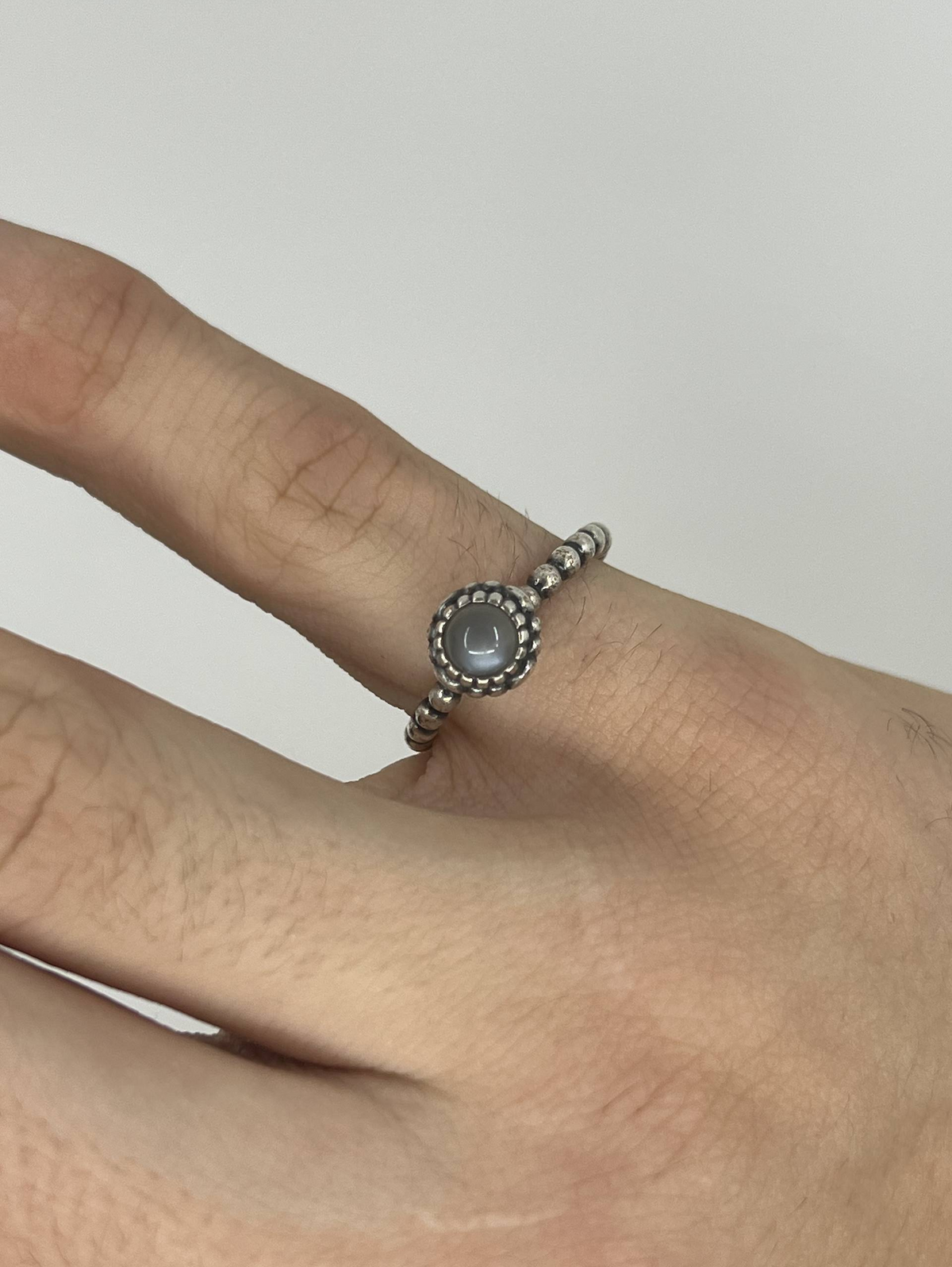 925 Sterling Silver Grey Cabochon Beaded Ring – Size L½