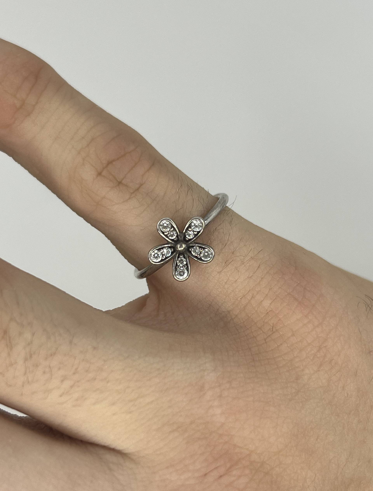 925 Sterling Silver Flower Ring with Clear Stones – Size K½