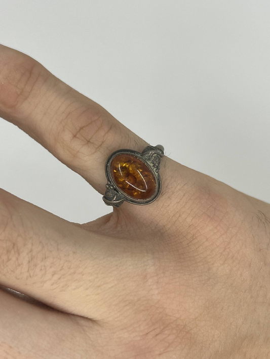 925 Sterling Silver Amber Cabochon Vintage Style Ring – Size K½