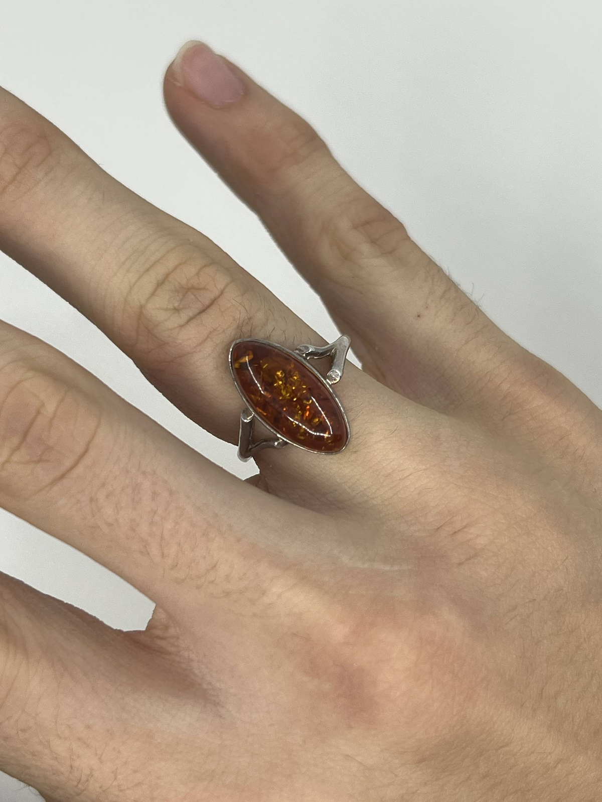 925 Sterling Silver Marquise Amber Ring – Size Q½
