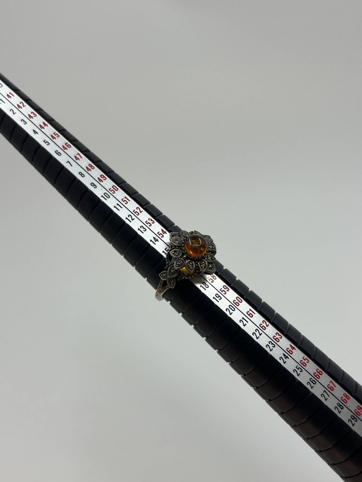 925 Sterling Silver Amber Style Cabochon & Marcasite Floral Ring – Size Q