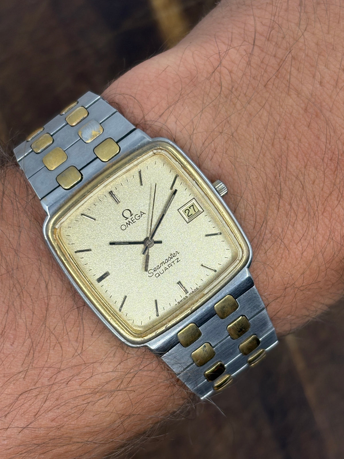 Vintage Omega Seamaster Quartz Two Tone Watch | Champagne Dial Date Integrated Bracelet