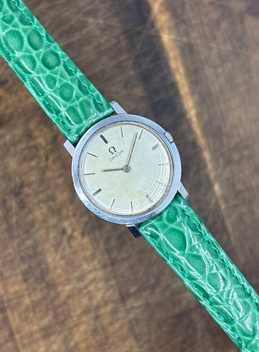 Vintage Omega Manual Wind Dress Watch – Slim Case, Patina Dial Green Strap 1960s