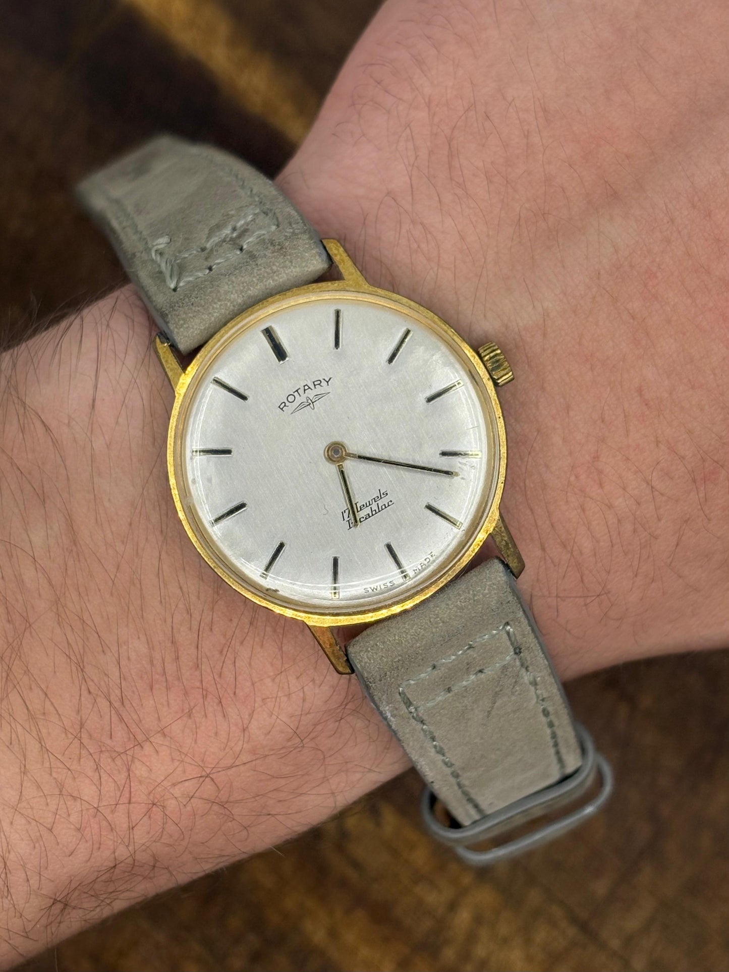 Rotary beaten silver dial manual wind gents wristwatch