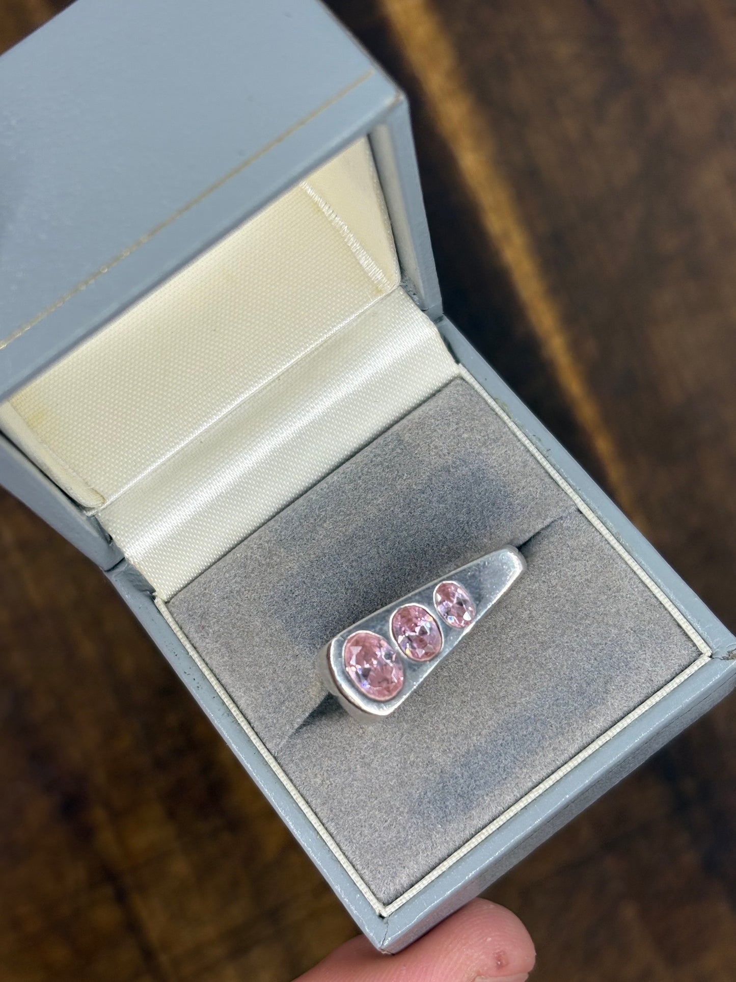 Vintage Pink Topaz Stone Trilogy Ring – Sterling Silver